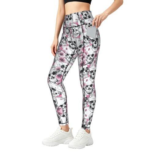 Leggings para gimnasio YQTGBCED de mujer con estampado de calavera floral y bolsillos funcionales