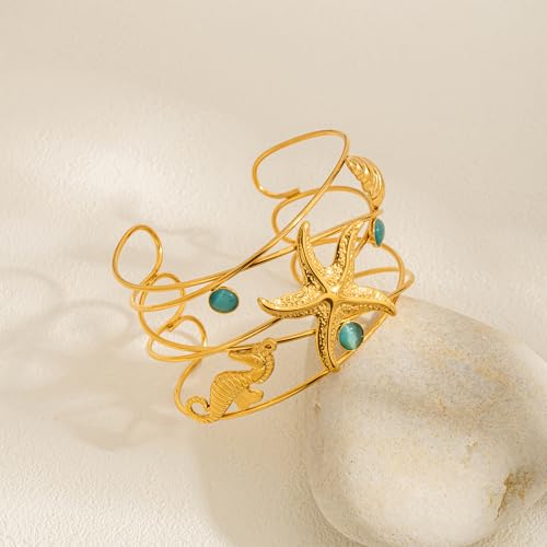 Gold Starfish/Sun Cuff Bracelet for Women Summer Beach Bracelet Adjustable Statement Bracelets Coastal jewelry3