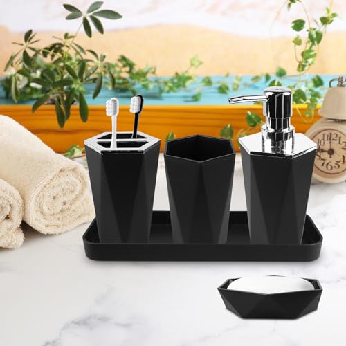 WIYETY 5er Set Badezimmer Zubehör: Badaccessoires Set aus Kunststoff mit Zahnputzbecher, Zahnbürstenhalter, Schminktablett, Seifenspender, Seifenschale (Schwarz)