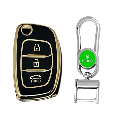 Image of SIAGO SIA361 TPU Key Cover and Metal Keychain Compatible for Hyundai i 20, Xcent,Verna Flude 3 Button Flip Smart Key Cover (Black Pack of 1)