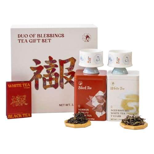 Chayan Tea Gift Set 2026 – Loose Leaf Tea Sampler Box, 100g Premium Chinese Tea (50g Yunnan Kung Fu Black + 50g 7-Year Aged Shoumei White) with Two Ceramic Cups, Tea Set Gift for Adults,Tea Lovers