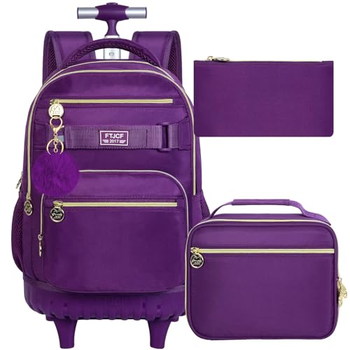 HPJGD 3PCS Girls Rolling Backpack, Womens Dark Purple School Backpacks with Wheels, Water Resistant Roller Kids Wheeled Bookbag Set