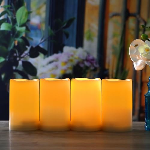 Image of CANDLE CHOICE Waterproof Outdoor Battery Operated Flameless Candles with Remote Timer Plastic Realistic Flickering Fake Electric LED Pillars Lantern Garden Wedding Christmas Decorations 3 inchx5 inch 6 Pack