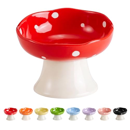 Ceramic Elevated Mushroom Cat Bowls, Tilted Raised Pet Dish Anti Vomit Kitten Bowl for Indoor Cats, Whisker Friendly Pet Food and Water Bowl for Kitten, Cat, Puppies, Dishwasher Safe (Red)