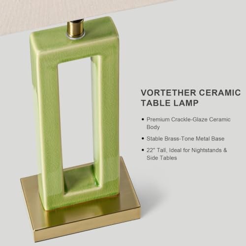 Image of 22 inch Modern Ceramic Table Lamps Set of 2, Green Crackle Glaze Hollow Bedside Lamps with Linen Shade, 5ft Cord Rotary Switch E26 Base Nightstand Lamps for Bedroom Living Room Entryway Decor
