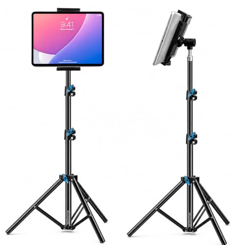 Image of BROLAVIYA Tablet Tripod Floor Stand, Adjustable up to 75 inch, Fits 4.7 inch-12.9 inch Phones & Tablets, Compatible with iPad Pro /Air /Mini, Galaxy Tab, for Live Streaming, Office, Cooking & Fitness