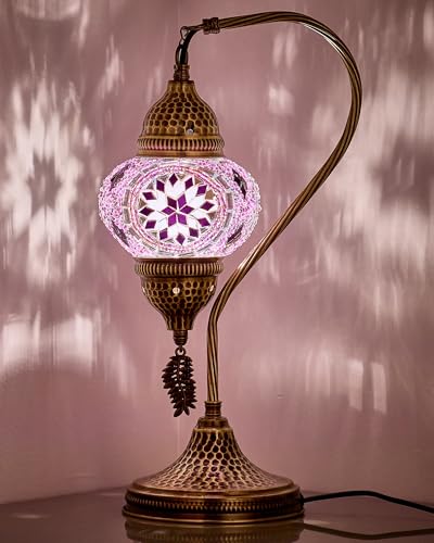 DEMMEX Auténtica lámpara de mosaico marroquí turco, hecha a mano en Turquía, lámpara de mesa/mesita de noche con globo de vidrio de mosaico y cuerpo de metal martillado, bombilla incluida, 15 pulgadas