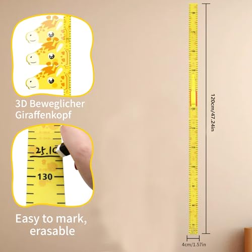 Messlatte Kinder Kleben OHNE Bohren, 3D Giraffenkopf Beweglicher, Magnetische, Weiche & Wiederbeschreibbare Baby-Wachstumstabelle mit Stift, Giraffen-Deko (180cm)