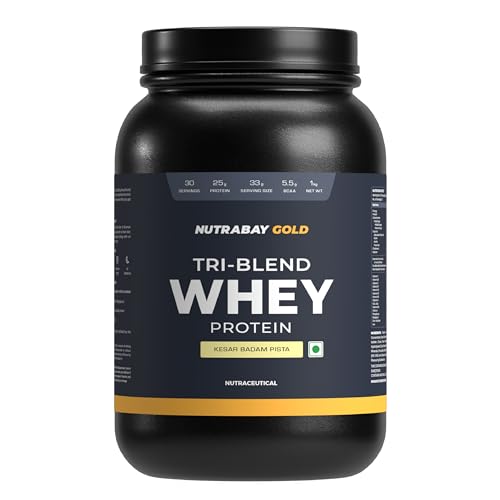 Image of Nutrabay Gold Tri Blend Whey Protein Powder - 1kg, Kesar Badam Pista | 25g Protein, 5.5g BCAA | Concentrate, Isolate, Hydrolyzed Protein | Muscle Growth & Recovery | Gym Supplement for Men & Women