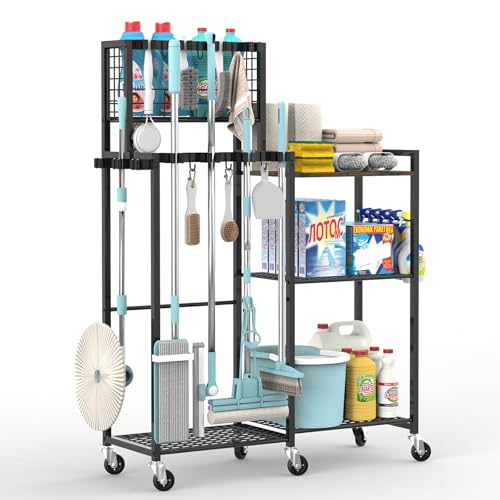YIYYZI Broom Holder with Cleaning Supplies Organizer, Cleaning Cart with Broom Hanger, Broom and Mop Holder with Wheels,11 Mop Hanger Grippers & 6 Hooks, Broom Organizer for Laundry, Garage, Tool Room