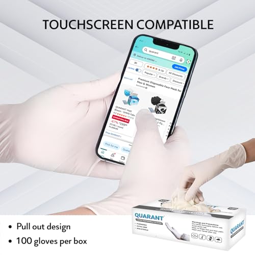 Image of QUARANT Latex Disposable Examination Hand Gloves (Medium, White, Pack of 100) 5 grams, Powdered, Extra Grip & Non-Sterile for Multipurpose Use