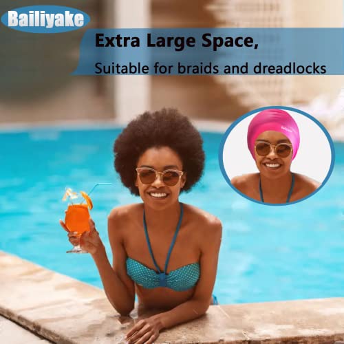 Bailiyake 3 Pack Extra Large Swim Cap For Braids And Dreadlocks，Waterproof Silicone Swim Cap For Women Men，Long Hair Swim Cap Swim Hat Cover Ear Bathing Shower Swimming Cap For Long Thick Curly Hair #TOP5