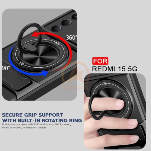 Image of Redmi 15 5G Back Cover | Armor Camera Slider 360 Degree Rotating Finger Ring Holder Case with Bracket Stand Back Case Cover (Compatible with MagSafe Accessories) (Black)
