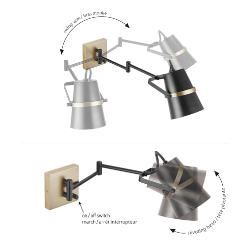 Image of GLOBE Electric 51345 1-Light Plug-in or Hardwire Swing Arm Wall Sconce, Matte Black, Brass Accents, 6ft Black Woven Fabric Cord, Flat Plug, Rotary On /Off Switch, Wall Lighting, Bulb Not Included