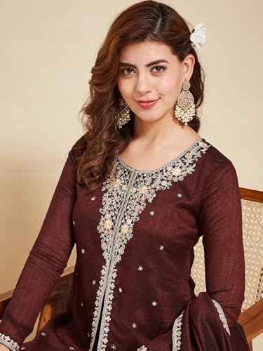 Image of MOKOSH Women's Silk Embroidery Anarkali Kurta Pant with Dupatta | Anarkali Kurta Set | Round Neck Full Sleeve Ethnic Suit | Indian Kurta Outfit with Pant | 3 Piece Outfit