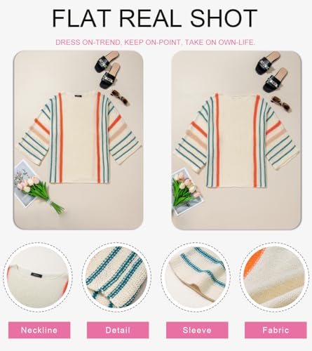 Image of Dokotoo Womens 2026 Spring Summer Casual Crewneck 3 /4 Sleeve Striped Lightweight Knit Trendy Boho Tops Pullover Sweaters