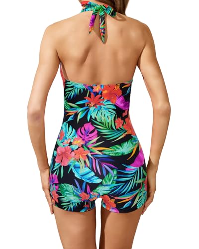 Image of Tempt Me Women Tummy Control One Piece Swimsuits with Shorts Boyleg Retro Bathing Suit Halter Swimwear