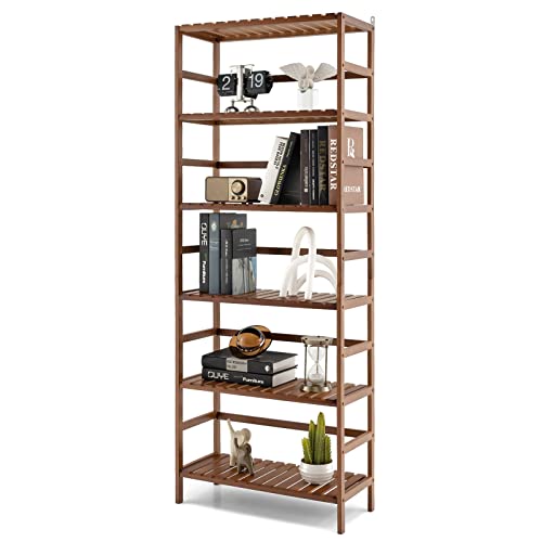 Giantex 6-Tier Bamboo Bookshelf, 63'' Tall Freesrtanding Storage Display Shelf With Adjustable Shelves, Easy Assembly Multipurpose Bookcase Shelf Rack For Living Room, Kitchen, Plants, Brown #TOP27