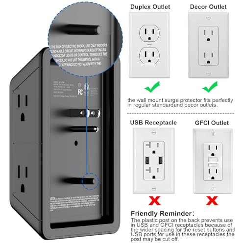 Surge Protector Outlet with 5-Multi Plug Outlet and 4 USB Ports (1 USB C), 3-Sided 1680J Power Strip Wall Charger for Home, Travel, Office - ETL Listed, Black