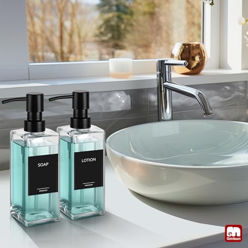 Image of GMISUN Glass Soap Dispenser with Stainless Steel Pump, Clear Hand Soap Dispenser for Bathroom, 12 fl oz /350ml Refillable Dish Dispenser for Kitchen, Modern Liquid Soap and Lotion Bottle for Countertop
