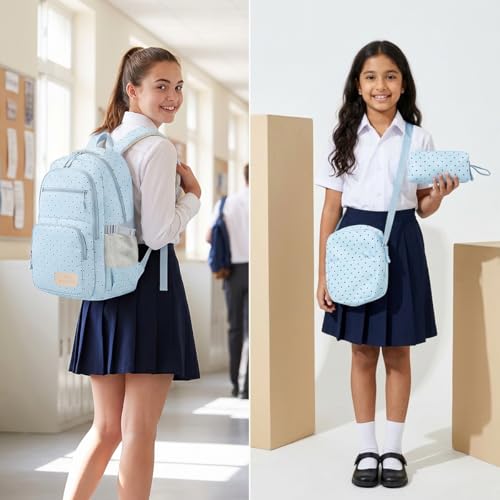 Image of PALAY School Bag for Girls Blue Polka Dot Backpack with Crossbody Bag & Pencil Pouch Large Oxford Cloth Bookbag Water-resistant Multi-compartments Daypack for Primary, Elementary, Middle School