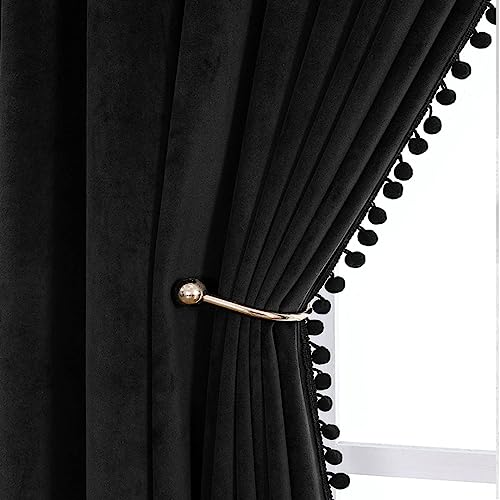 Image of Amazon Brand - Umi Velvet Eyelet Door Curtains with pom pom Lace for Living Room Bedroom Kitchen 1 pc Pack in Black Color (Door - 4 feet x 9 feet)
