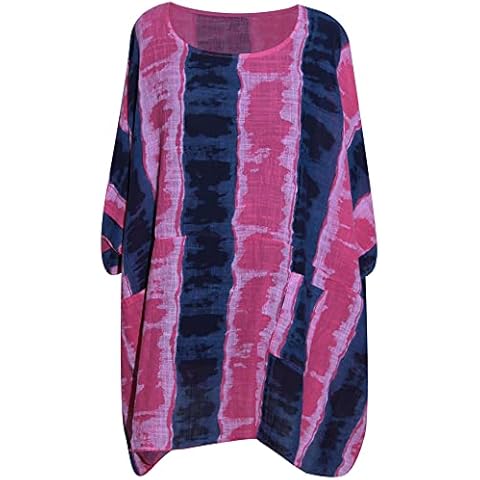 George Hilton Ladies Italian Tie & Dye Lagenlook Top Stripe Print Women Pockets Summer Cotton Top Plus Size (16-26) (Fucshia), One Size Plus Cover