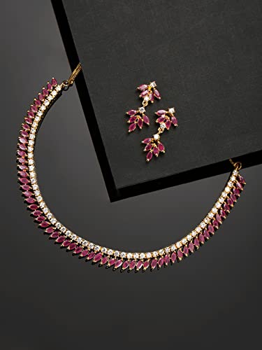Pink American Diamond Jewellery Set Gold-Plated Brass for Parties