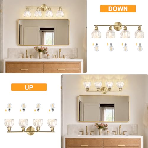 Image of Bathroom Light Fixtures, 4-Light Brushed Gold Vanity Lights for Bathroom with Clear Tulip Glass Shade, 26 inch Vintage Bathroom Vanity Lighting Fixtures Over Mirror for Bedroom Living Room Hallway