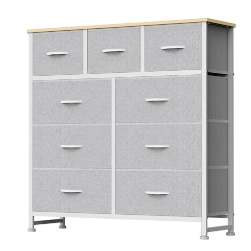 DUMOS 9 Drawer Dresser for Bedroom, Fabric Storage Organizer with Sturdy Metal Frame, Wooden Top Chest of Drawers for Closet Entryway Guest Room,Light Grey