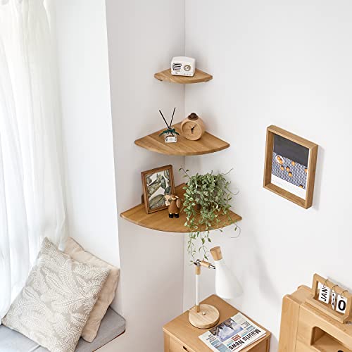 Corner Shelf Wall Mount, 12inch Oak Wood Floating Corner Shelf Round End Small Corner Nightstand Plant Shelf Wall Mount for Kitchen, Living Room, Bedroom