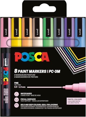 POSCA 186556 - POSCA Marker Set, 8 Acrylstifte Pastell PC-3M, Permanent Marker 0,9 - 1,3 mm Rundspitze