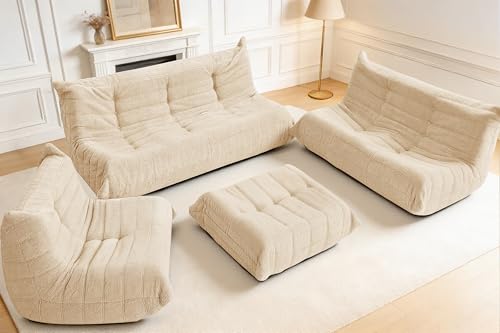 Image of Bean Bag Pouf Ottoman, Foot Stool, Foot Rest with Memory Foam Filled, Rectangle Ottoman for Living Room, Bedroom, Office, Khaki Teddy