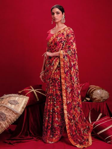 Image of SIRIL Women's Chiffon Printed Saree With Unstitched Blouse Piece