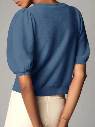 Image of Saodimallsu Womens Puff Short Sleeve Cardigan Lightweight Summer Button Down Shirts Knit Crew Neck Sweater Tops