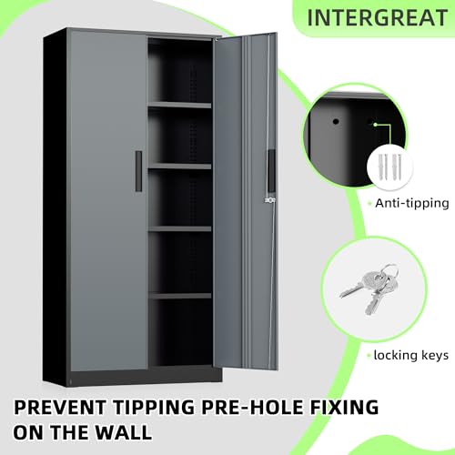 Image of INTERGREAT Metal Storage Cabinet, 72 inch Locking Steel Cabinets with 2 Door and 4 Adjustable Shelves, Tall Metal Cabinet for Home Office, Garage, Warehouse,(Black+Grey)
