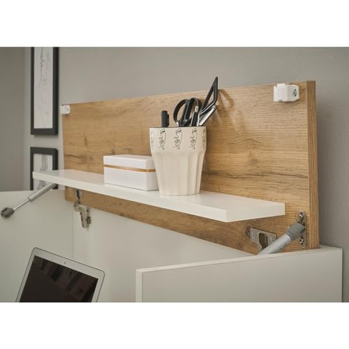 Lomadox Wohnwand mit Homeoffice-Lösung weiß mit Eiche 4-teilig modern, 1 Wandpaneel mit Beleuchtung, 1 TV-Hängeschrank, 1 Hängeschrank, 1 Hängesekretär – Bild 6