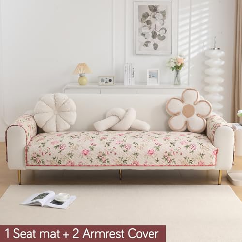Image of HOKIPO 'HomeHues Series' Printed Quilted Sofa Seat Mat for 2 Seater Sofa with 2 Armrest Covers with Pockets, Beige Peonies (IN-807-D3 + IN-814-D3*2)