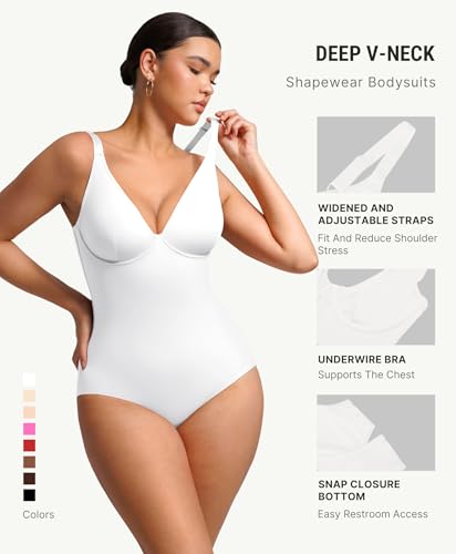 Image of FeelinGirl Shapewear Bodysuits for Women Tummy Control Deep V Neck Body Suits with Adjustable Straps Tops