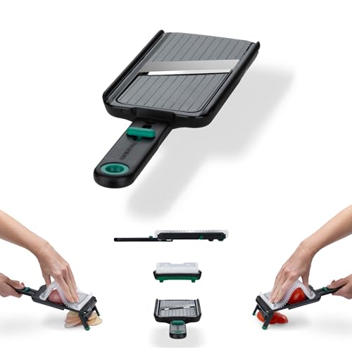 Dreamfarm Nocutu Handheld Safety Mandoline Slicer, Food Vegetable Cutter with Non-Slip Bowl Hook & Foot - Adjustable 1-3mm Slicer, Black/Green
