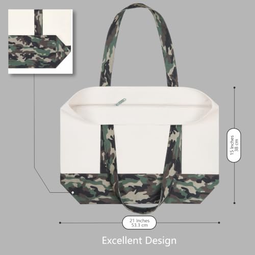 Image of TOPDesign 1-Pack Canvas Tote Bag with an External Pocket, Reusable Grocery Shopping Bag, Top Zipper Closure, Daily Essentials (Camo /Natural)