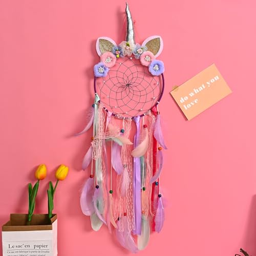 LED Lighted Up Unicorn Dream Catcher Wall Decor Colorful Feather Dreamcather Wall Hanging for Girls Kids Bedroom Decoration (Purple with Light) - Thumbnail 5