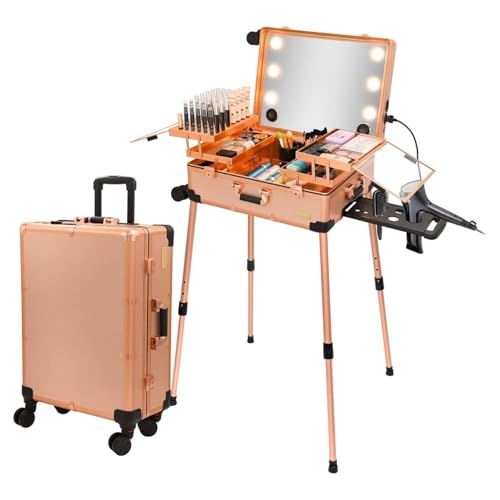 Image of Adson Rolling Makeup Trolley Makeup Box Case Train Vanity Case Storage Hairdressing Organiser for Salon, Artist Aluminum Cosmetic Storage Organizer with Light and Mirror (Rose Gold)