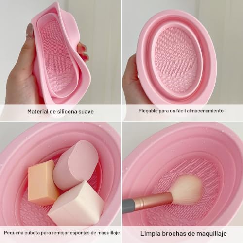 Miniatura 4 de Qumeney Secador De Brochas De Maquillaje Con 28 Agujeros Y Alfombrilla De Limpieza - Soporte Acrílico Plegable Negro Y Rosa