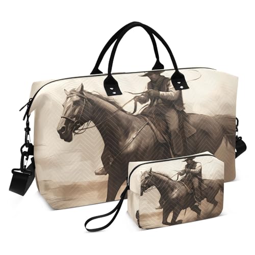 Large Travel Duffel Bag, Horse and Cowboy Sports Tote Gym Bag, Shoulder Weekender Overnight Bag for Women Men, Carry On Luggage with Toiletry Bags