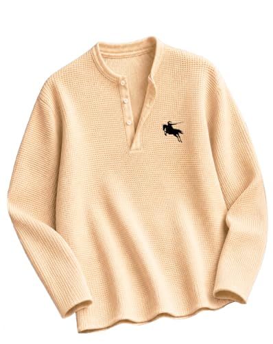AUSK Men's Waffle Texture Henley T-Shirt Beige - Image 2