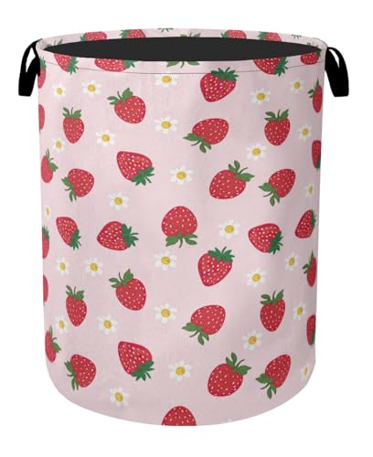 Cute Pink Strawberry Laundry Basket, Extra Large Foldable Hamper for Bathroom/Laundry/Bedroom/Dorm, Washable Fabric Storage Bin with Handle