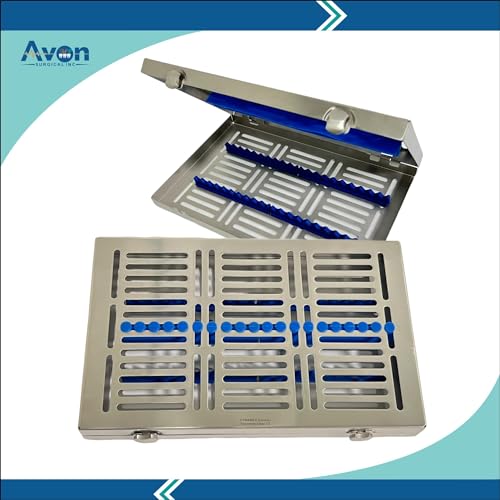 Dental Instruments Sterlization Cassette with Blue Silicone Inserts, Lock Turn Buttons, and Dettachable Lid | German Stainless Steel (20 Slot) 11