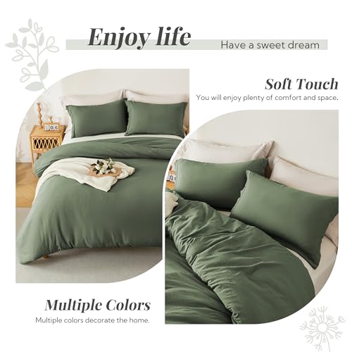 Image of MILDLY Duvet Cover 120 inchx98 inch Ultra Soft Comforter Cover Set 3pcs Olive Green | Washed Microfiber Cotton-Like, Breathable Comfort, Hidden Zipper, 8 Corner Ties, OEKO-TEX Certified, Fade Resistant