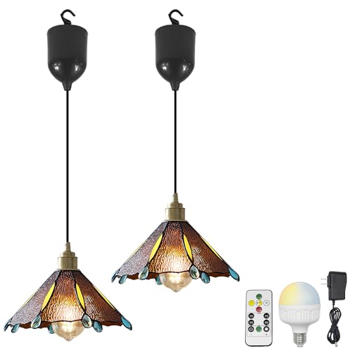 SKIVTGLAMP Adjustable Height Rechargeable Battery Operated Pendant Light, Remote Control, 4Ft Cord, Timer, Copper Socket Tiffany Wavy Ribbed Coffee Shade Chandeliers for Courtyard Nightstand
